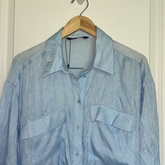 Zara Women’s Front Button Wrinkled Fabric Blouse Sky Blue L - Picture 3 of 7